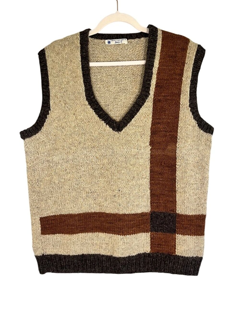 Vintage Handmade Chunky Knit Sweater Vest Brown‎ XL Grandpa 70s Retro Academia